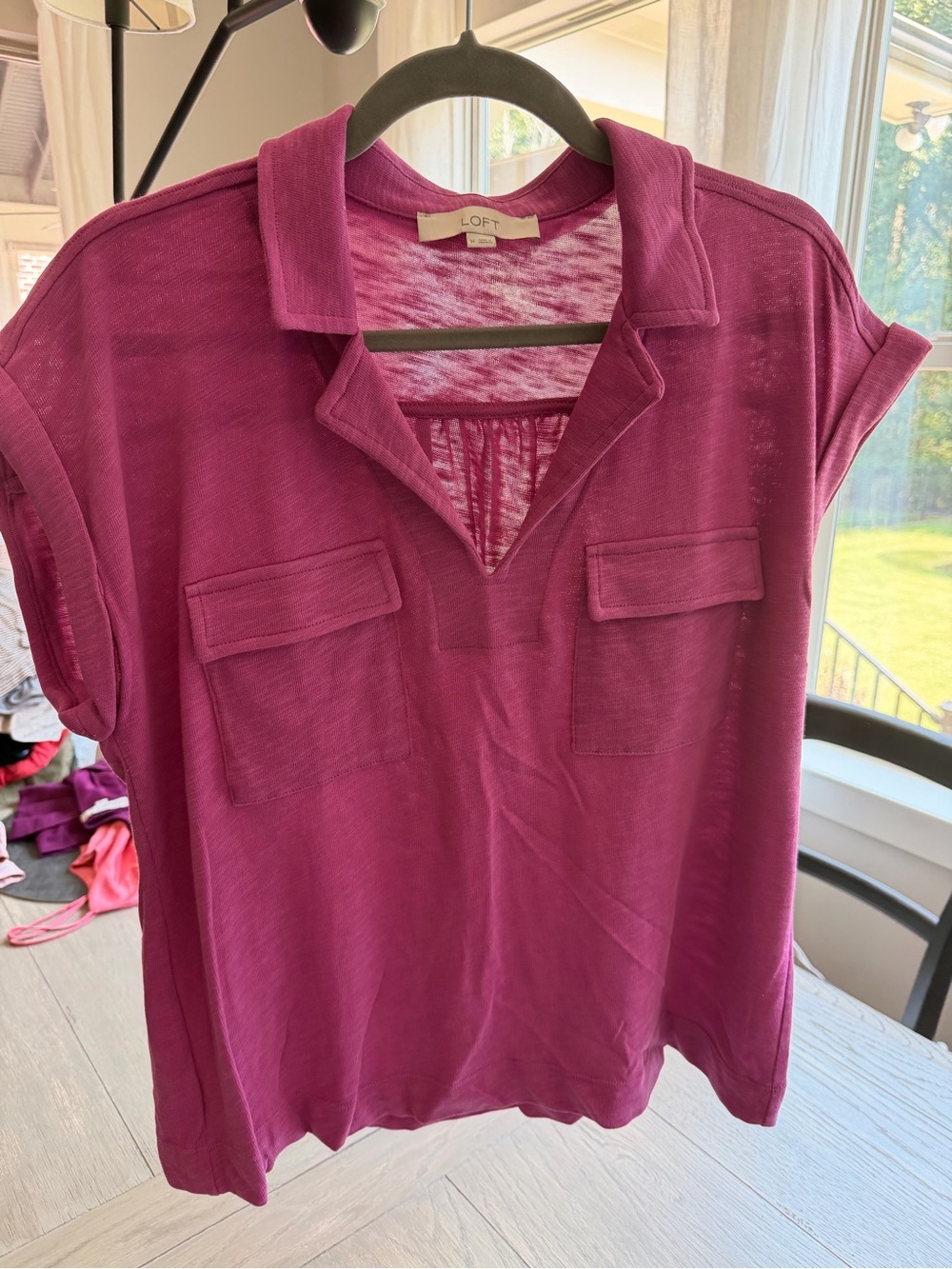 LOFT Women's Raspberry Notch-Collar Short Sleeve Pocket Tunic